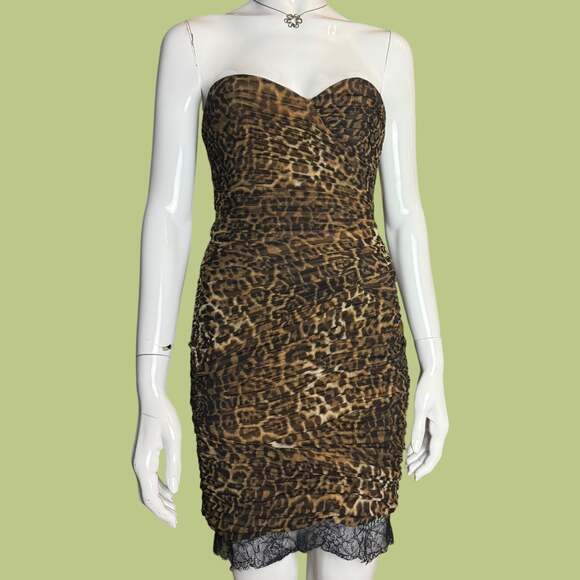 BCBGMaxAzria Dresses & Skirts - BCBGMaxAzria Leopard Print Ruched Bovary Dress with Lace Trim
